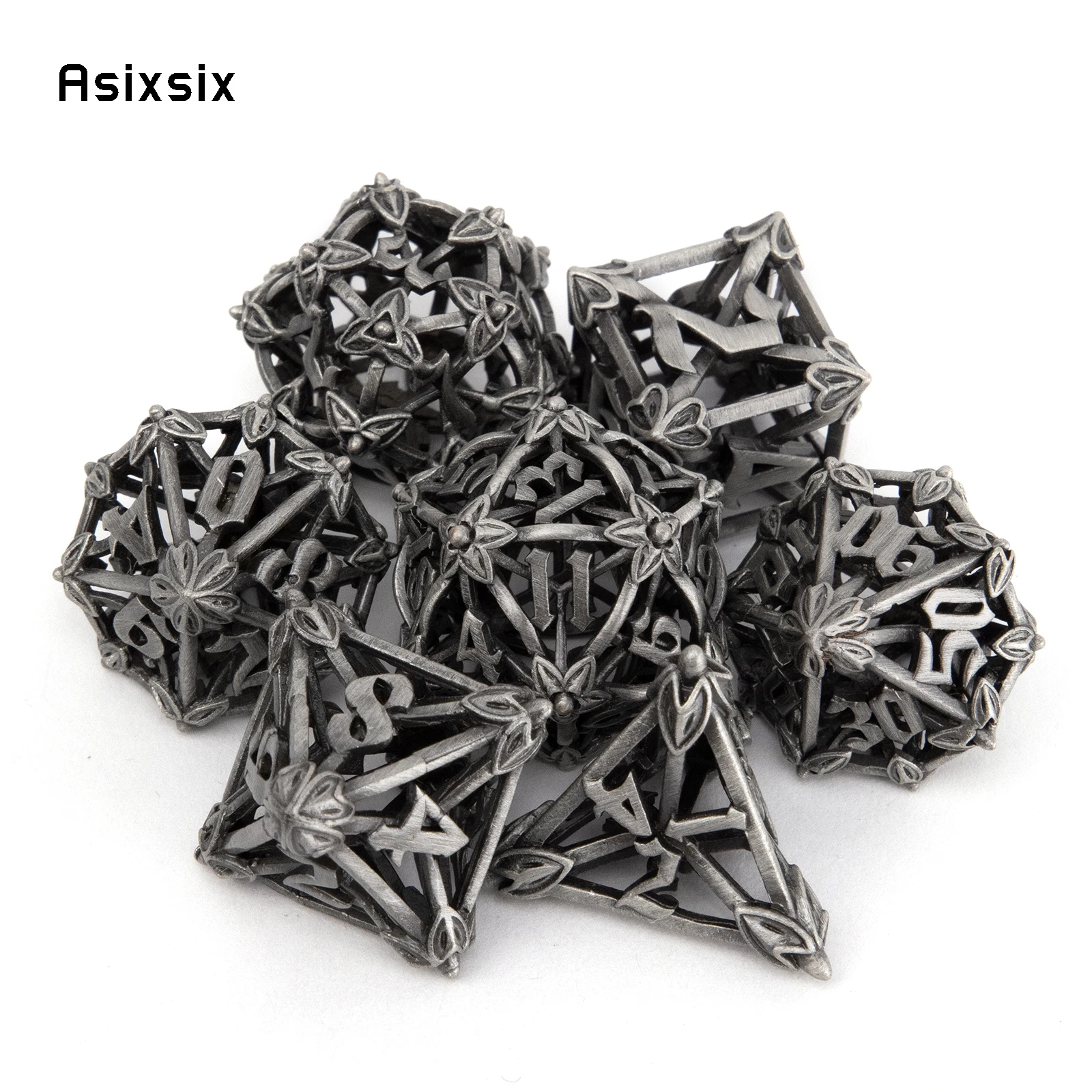 

7 Pcs Silver Leaf Flower Metal Dice Hollow Metal Polyhedral Dice Set Suitable for Role-Playing RPG Board Game Card Game