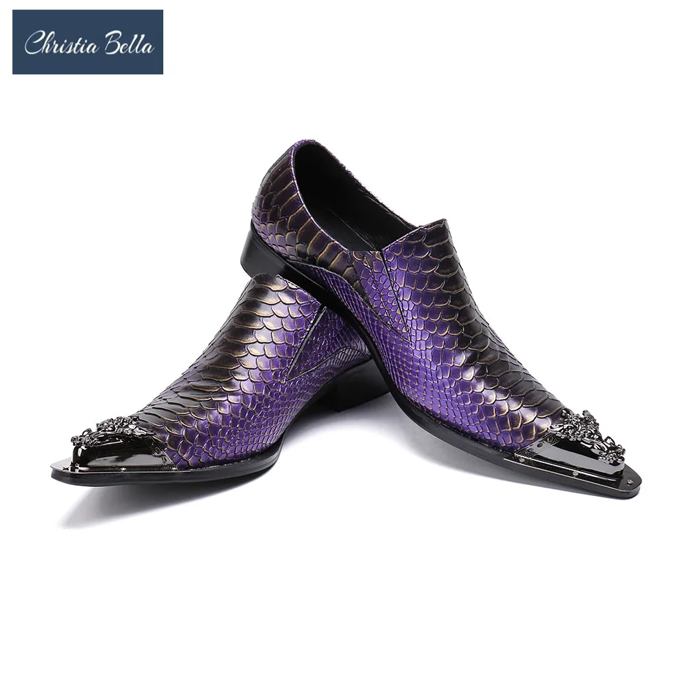 Fashion Purple Snake Grain Genuine Leather Men Party Dress Shoes Metal Pointed Toe Business Office Party Oxford Shoes Plus Size