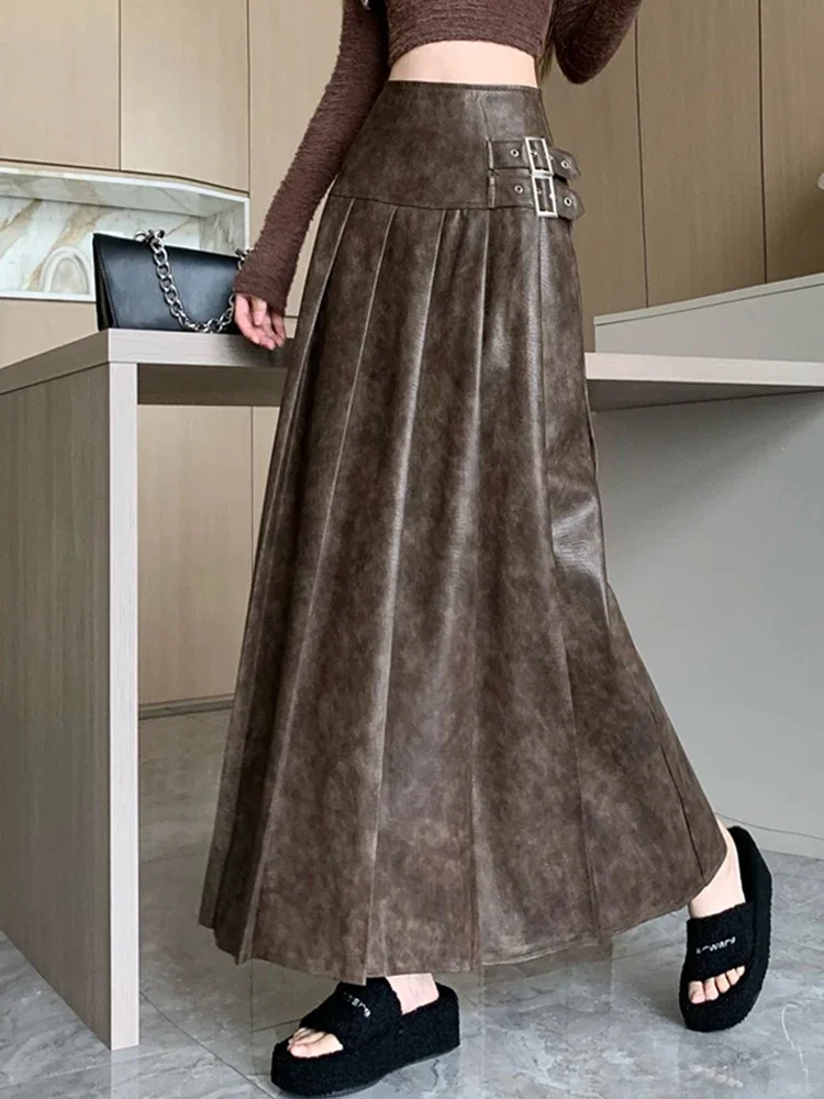 

Women's Brown Pu Pleated Long Skirt Y2k Vintage Japanese Harajuku High Waist Skirt Goth Black A-Line Mini Skirt Summer Clothes