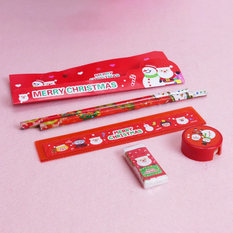 5Pcs/Pack Cute Christmas Stationery Set Pencil Ruler Earser Sharpener Pencil Case Stationery Set For School Gir Boy Gift