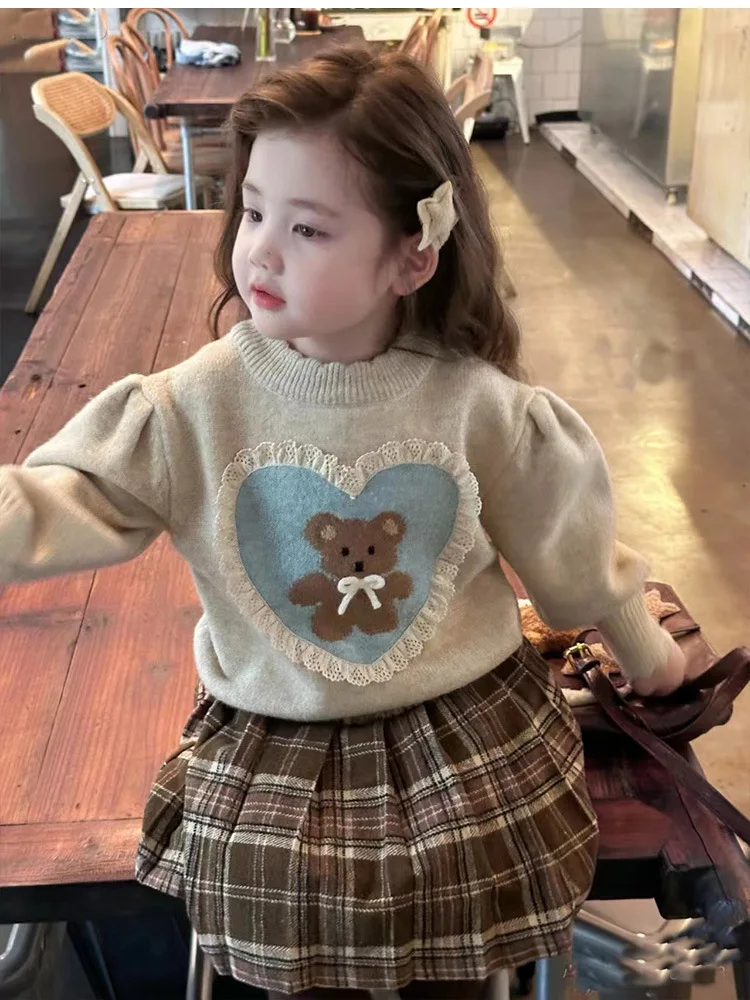 

Girls' Cartoon Bear Sweater2024Autumn and Winter New Children's Clothing Children's Thickened Sweater Warm Top Pullover Shirt