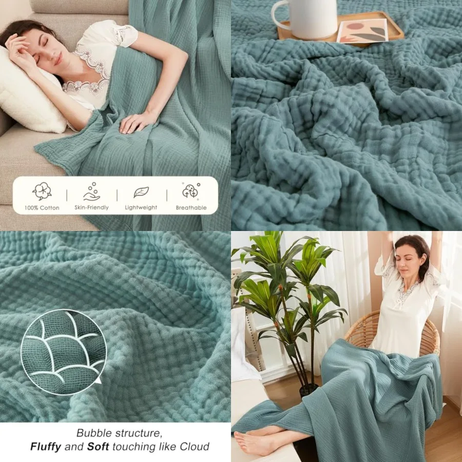 

Muslin Twin Blankets for Couch Breathable Gauze All Season Soft and Lightweight Pre-Washed Cotton Blanket Teal, 60x80