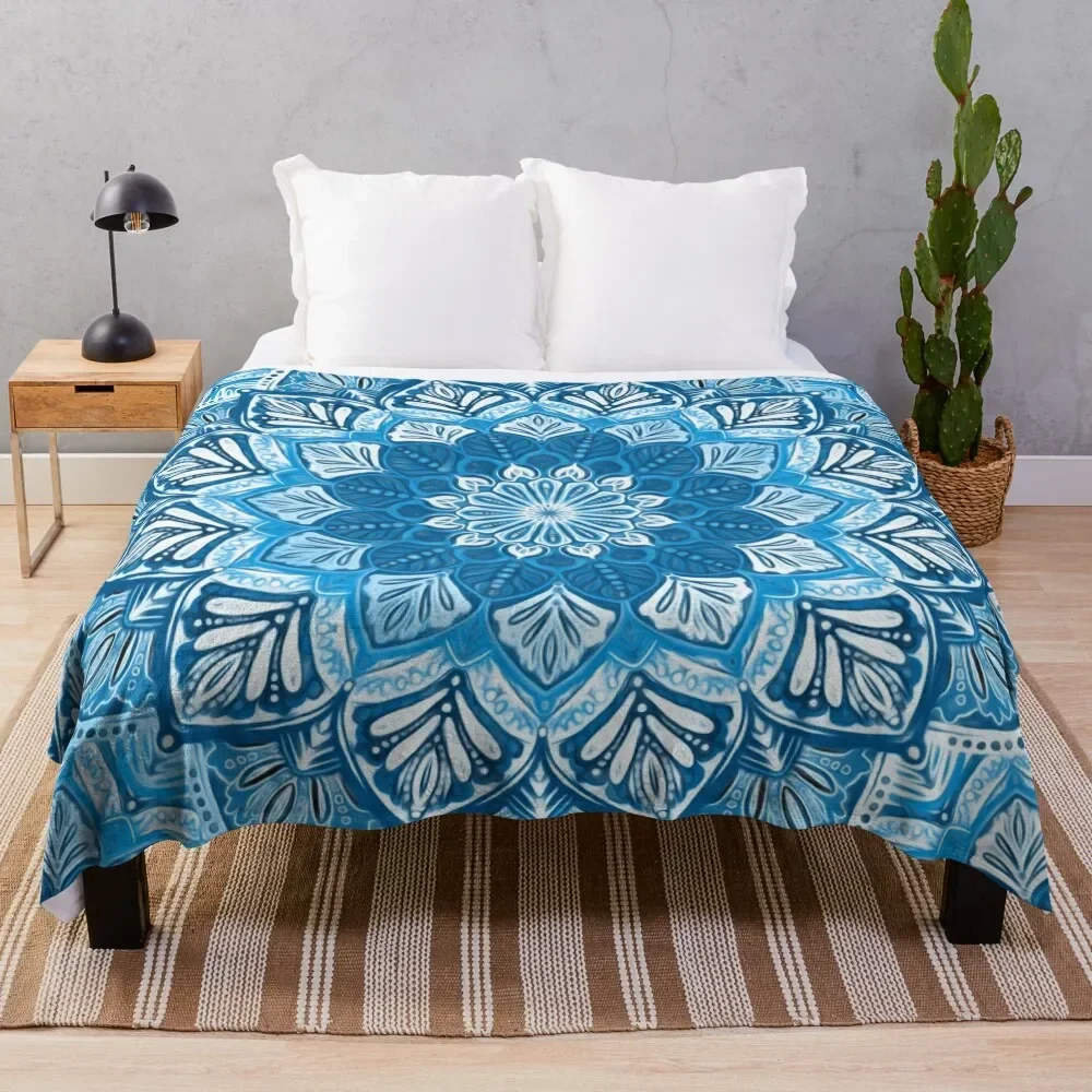 

Boho Mandala in Monochrome Blue and White Throw Blanket Tourist Hairys Blankets