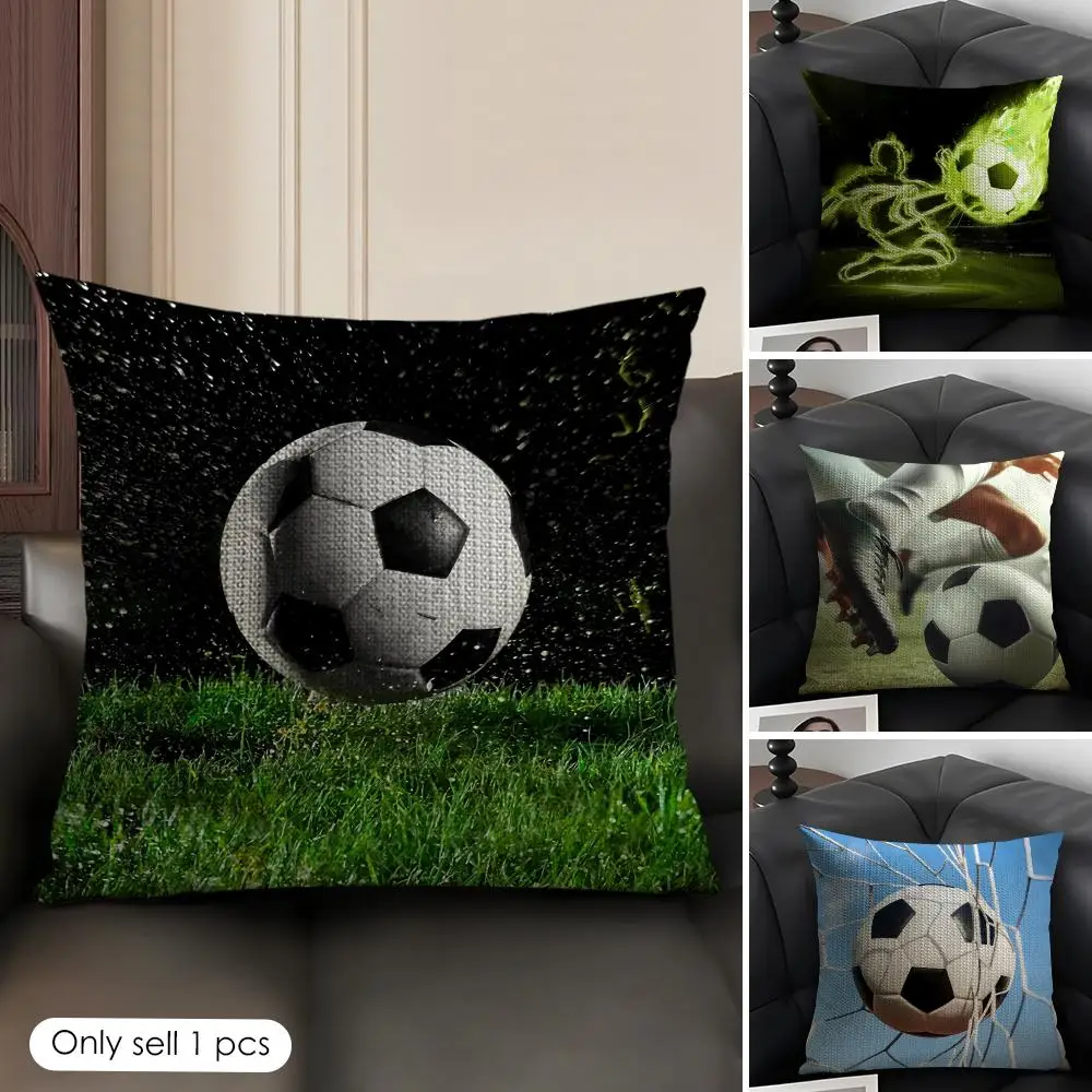 Cartoon Football Print Cushion Cover Natural Linen Organic Fabric Double-Sided Printing Sofa Home Decor Gift Pillow Case