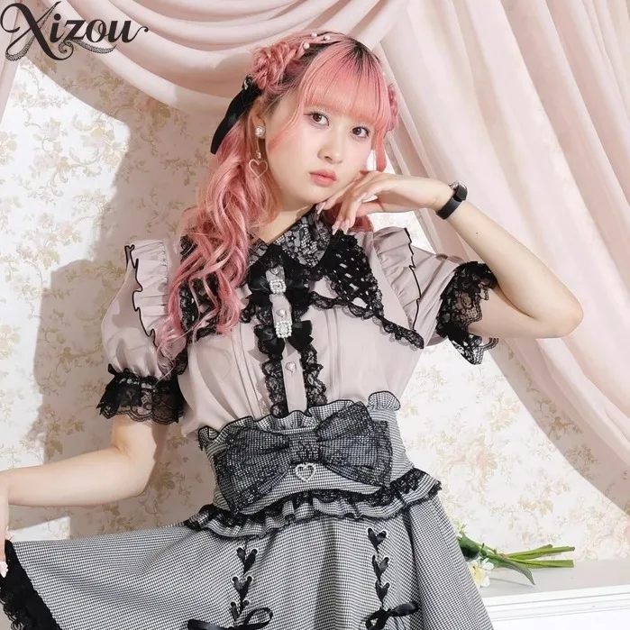 Japanese Sweet Lolita Blouses Women Elegant Love Heart Bow JK Shirt Girls Casual Lace Ruffles Blusas Mujer Tops Bow Short Sleeve
