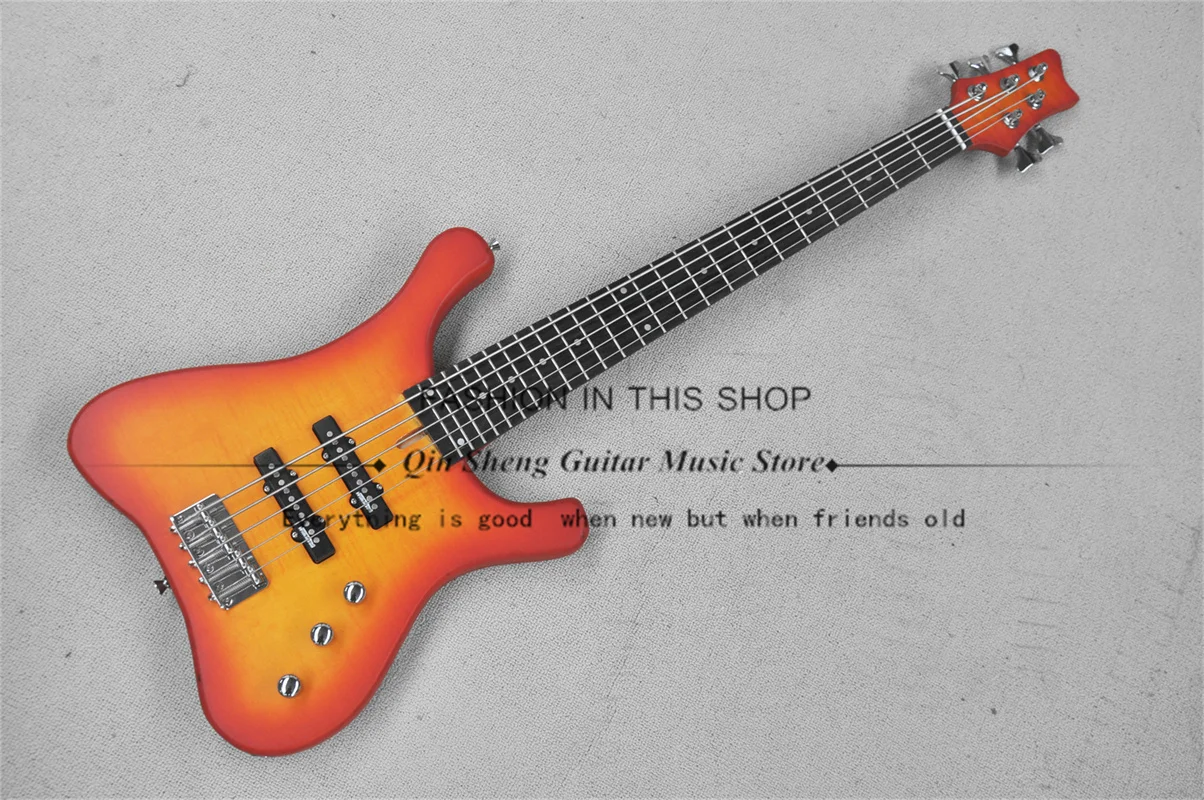 Matte orange bass, 5-string electric bass, maple neck through solid wood body, total length 88cm, fixed bridge, rosewood fingerb
