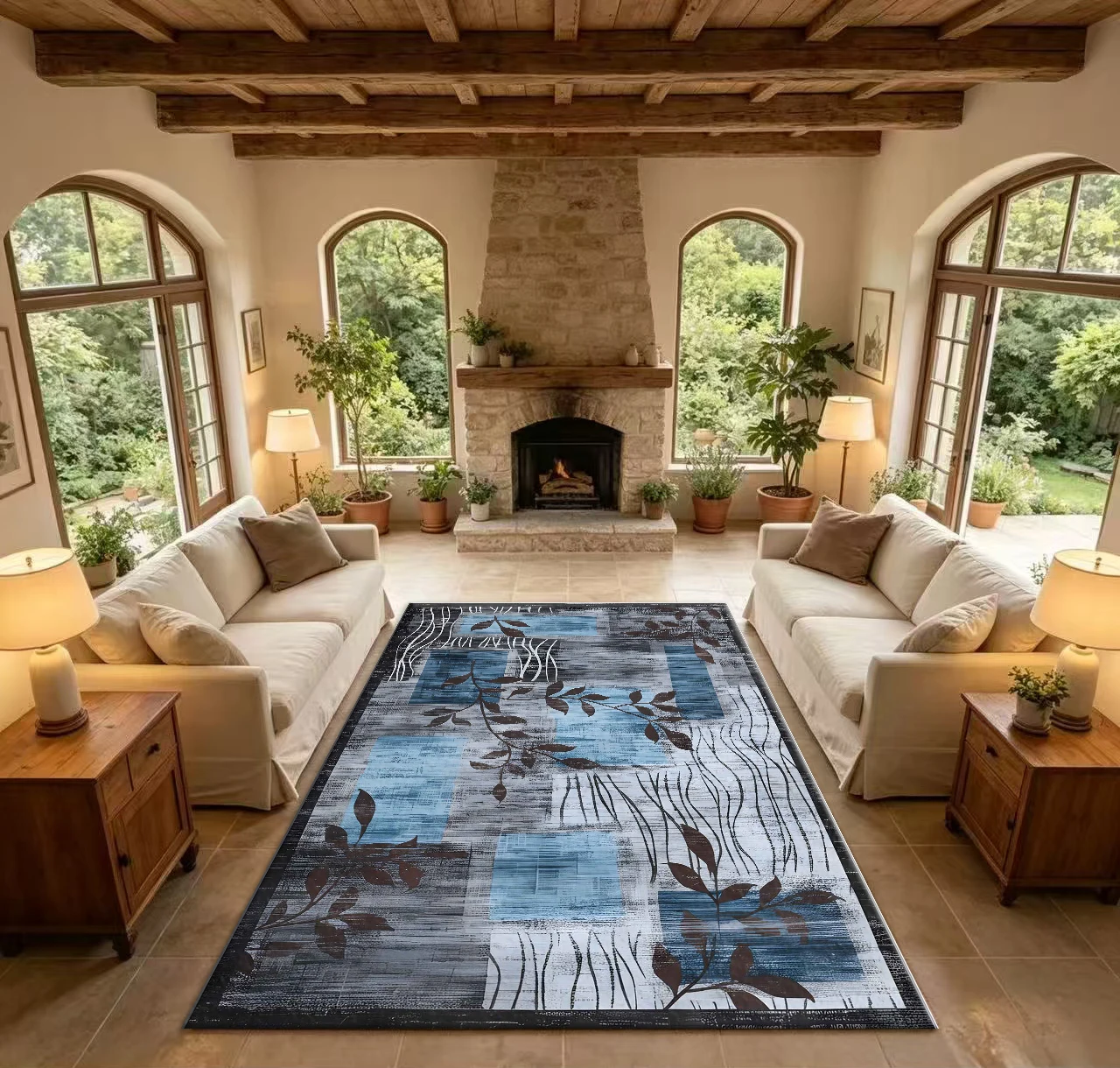 Modern Abstract Leaf Pattern Area Rug Non-Slip Washable Artistic Floor Carpet Soft Decor Rug for Living Room Bedroom Indoor Home