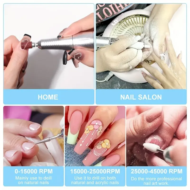 Broca elétrica portátil para unhas, 45000rpm, sem fio para cuidados com as unhas, máquina de broca para lixa de unhas, kit de manicure e pedicure, recarregável para gel/