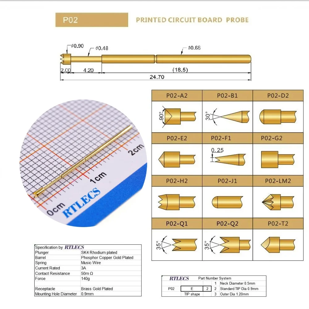 100Pcs Bare PCB 1.27 MM Pitch Gold plate Spring Test Probe P02 R02 Pin 24.7MM Length 0.68mm Dia  TIP styles Sockets to Order