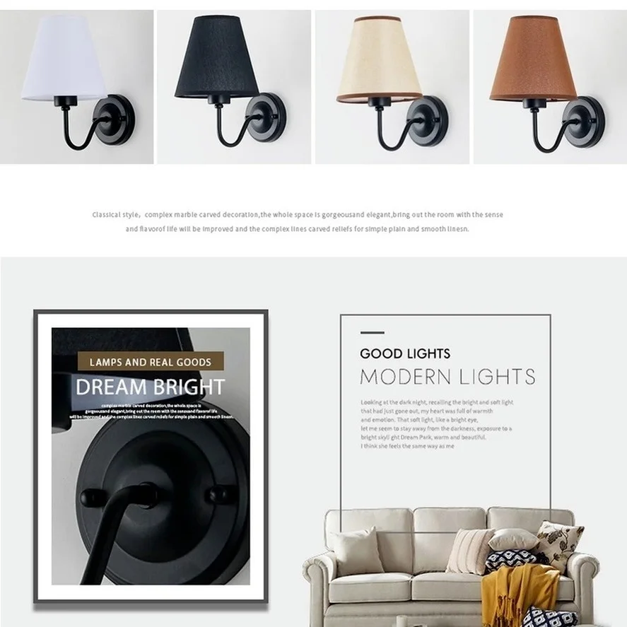 PwwQmm E27 new Retro wall lamp four colors lampshade fabric bedside lamp for bedroom living room decoration lamp view 4