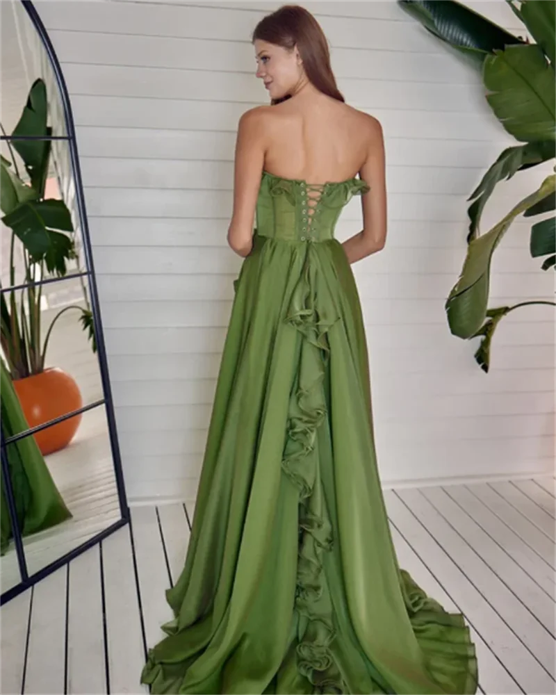 Musetta Green Strapless Backless Lace Up Women Formal Party Gown Lovely Long Prom Dress Ruffles High Side Split Evening Dresses