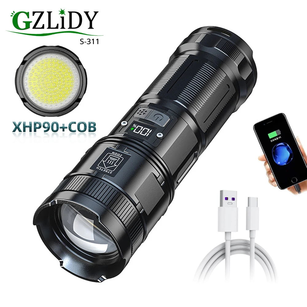 

High Power LED Flashlight COB Waterproof Torch with Display 7800mAh 18650 Camping Lantern Type-C USB Rechargeable Zoom Lights