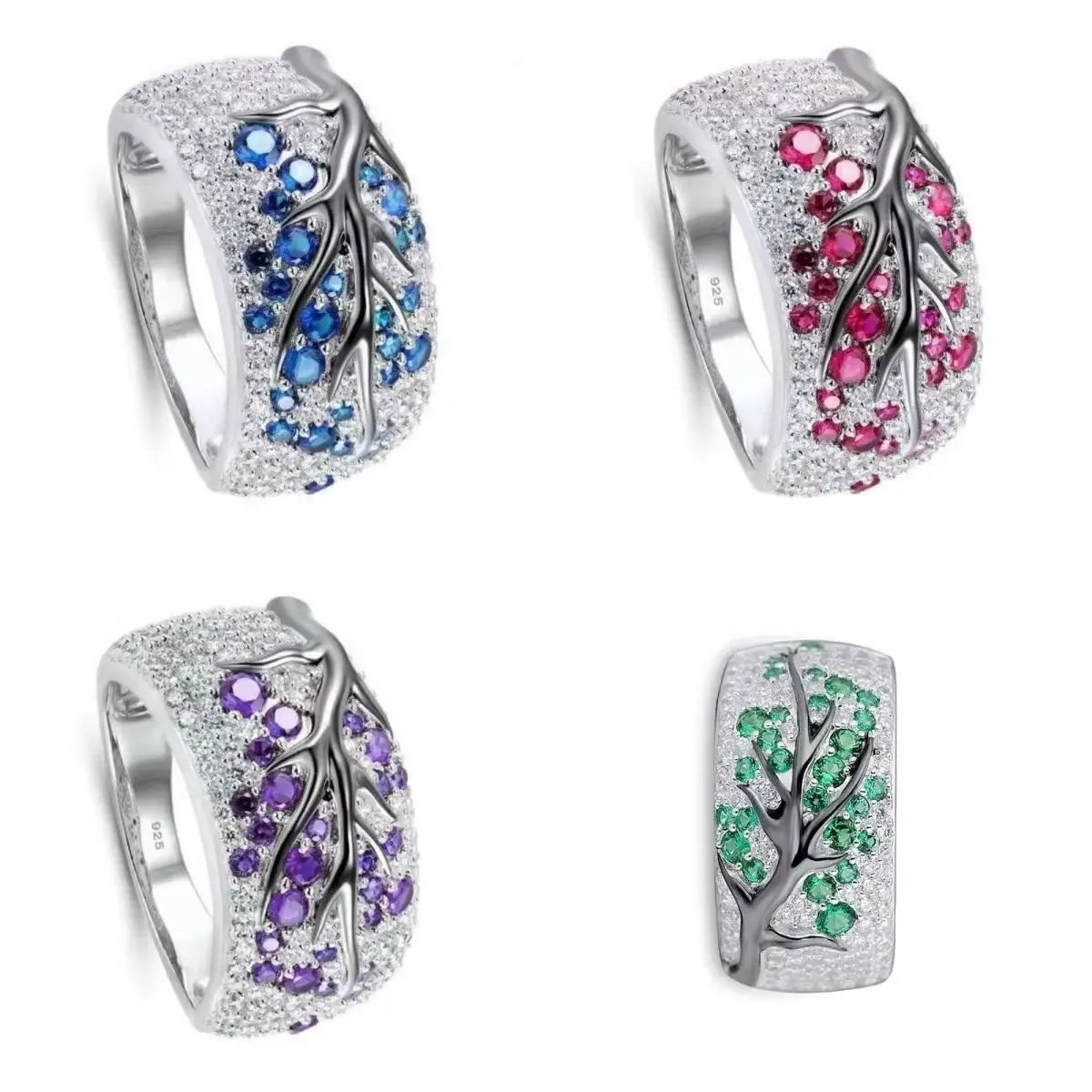 Elegant Adjustable S925 Sterling Silver Plum Branch Ring Red Crystal Women's Wedding Party Jewelry Gift Size 5-11