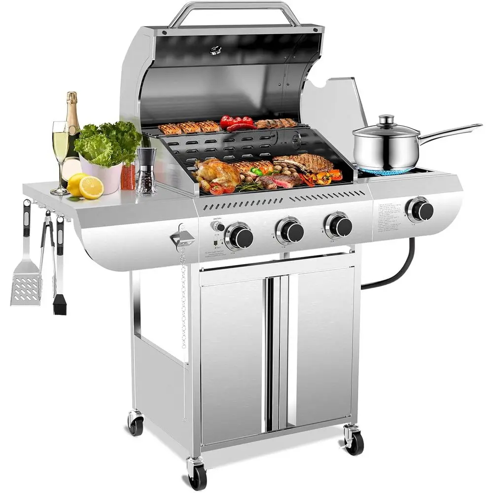 

34,000 BTU 3-Burner Propane Grill with Side Burner, Stainless Steel BBQ Grill, Cast Iron Grates, Portable Cart with Wheels for O