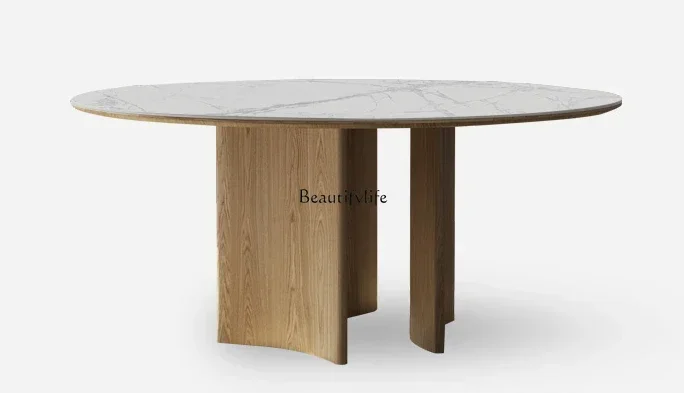 

Modern solid wood round dining table with turntable rock slab round dining table