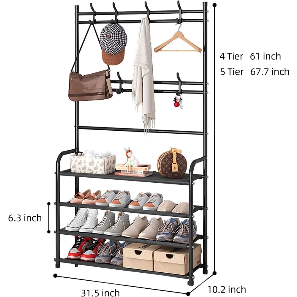 Shoe Rack Coat Rack Freestanding Shoe Shelf Storage Organizer with Hooks for Entryway Bedroom Closet, 4 Tier Black shoe shelf