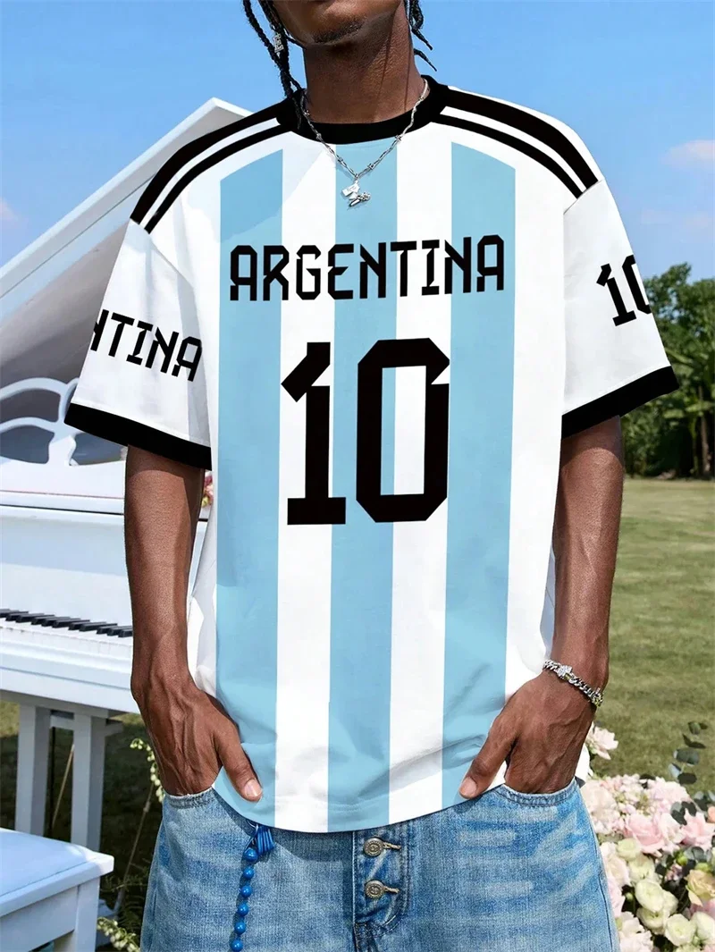 Camiseta de Hombre con Estampado de Argentina 10, Cuello Redondo, Manga Corta, Estilo Jersey de Fútbol, para Fanáticos del Fútbol y Uso Casual