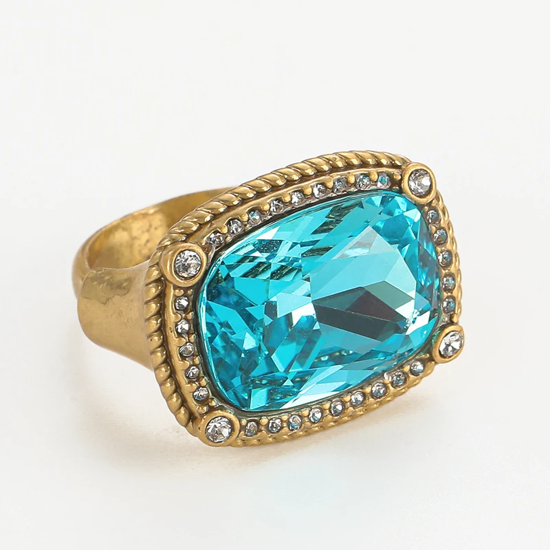 Vintage-Schmuck, quadratischer blauer Kristallring für Damen, antike Goldfarbe, hochwertiger Luxus, Retro-Strass, 2026, elegante Accessoires