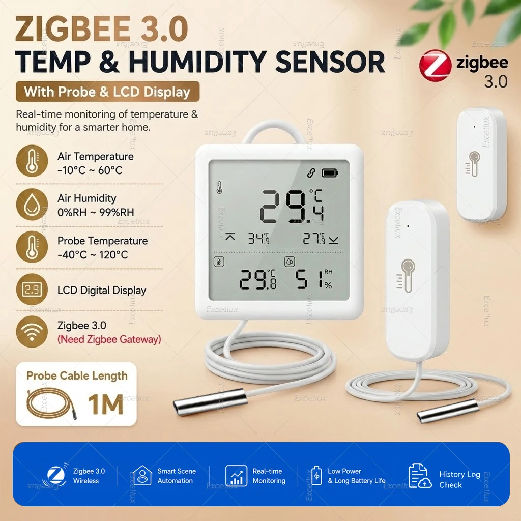 Zigbee Temperature Humidity Sensor LCD Screen Thermometer with External Probe Compatible with Home Assistant Zigbee2MQTT Gateway