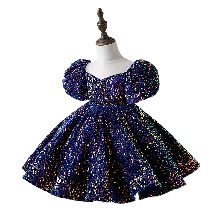 Vestido de lantejoula Puffy para meninas, vestido de baile branco, elegante vestido de noite, batismo infantil, primeiro aniversário