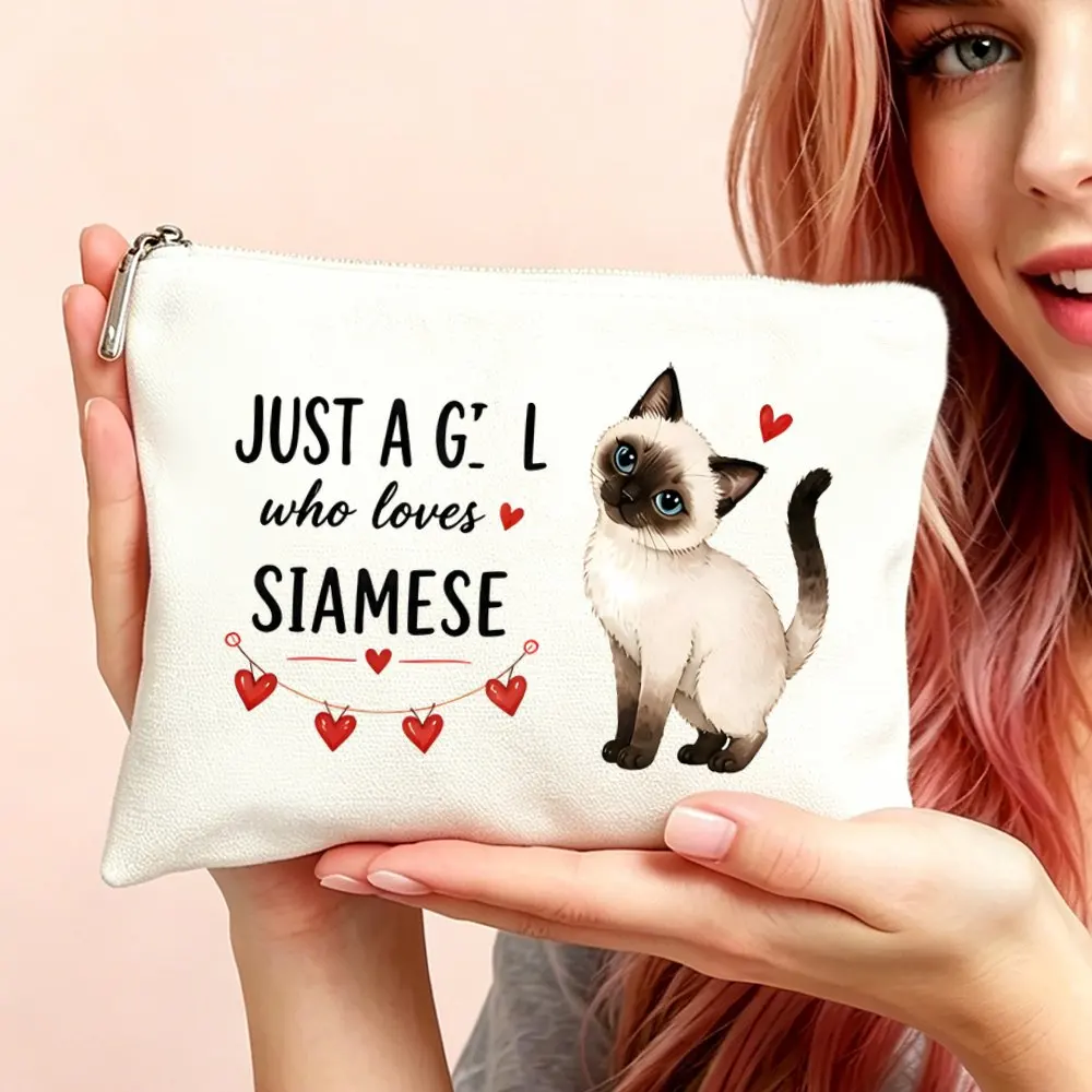 Siamese Cat Makeup Bag Suitable for Women Moms Zipper Closure Cosmetic Toiletry Pouch Siamese Cat Print Compact Travel Gym Use