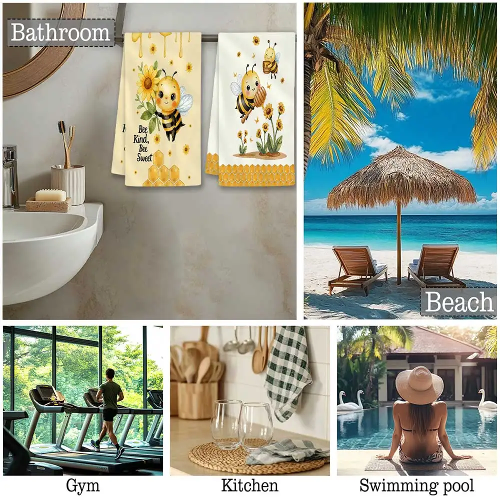 Jit 2pcs Bee Sunflower Honeycomb Pattern Dish Towels For Garden Lovers Kitchen Home Decor
