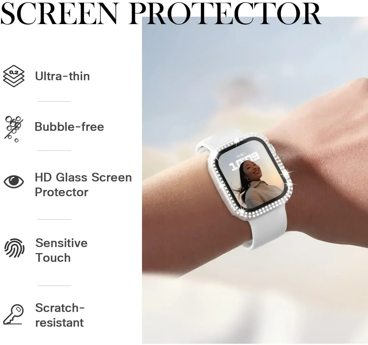 Glass+Bling Diamond Cover For Apple watch Case 46mm 42mm 44mm 41mm Tempered Bumper Screen Protector iWatch series 10 9 8 7 6 5 4 image 4