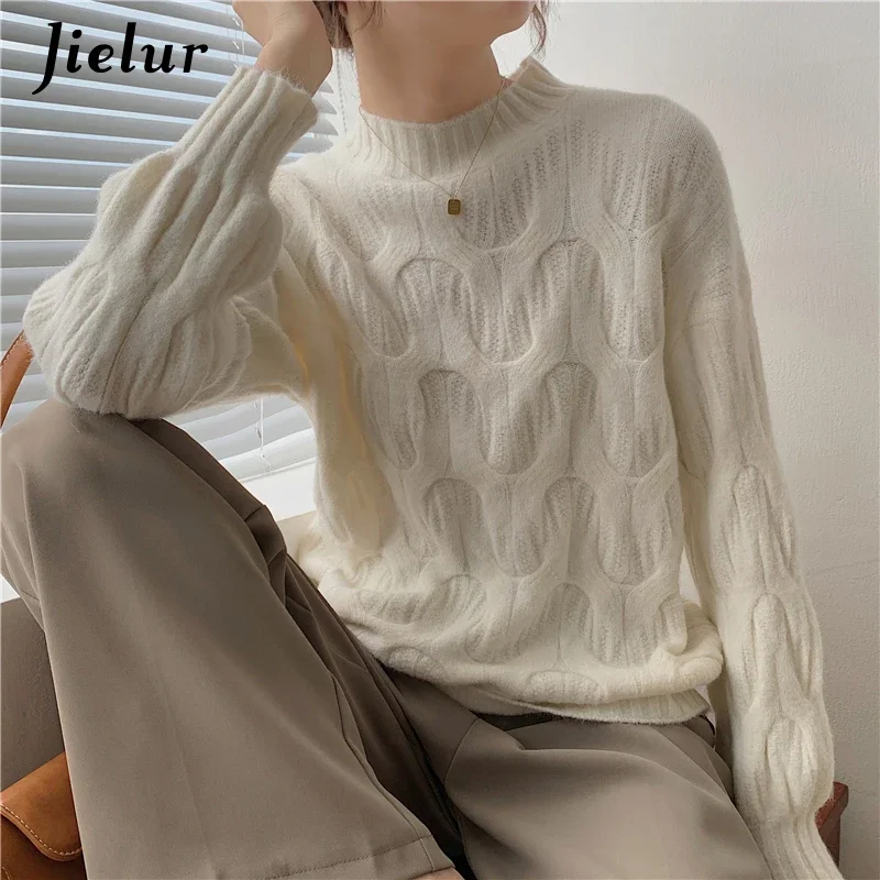 Jielur New Korean Style Winter White Knitted Sweaters Women All-match Pullover Pure Color Fashion Sweater Casual Knitwear Jumper