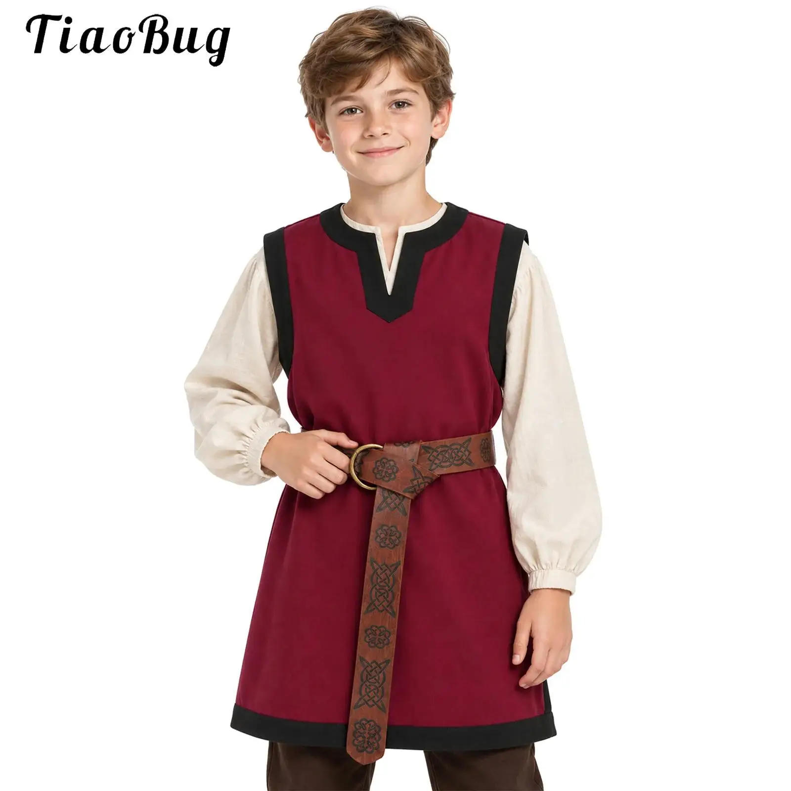 Kids Boys Medieval Costume Vintage Renaissance Pirate Vest Sleeveless Side Slit Viking Tunic with Belt for Halloween Theme Party
