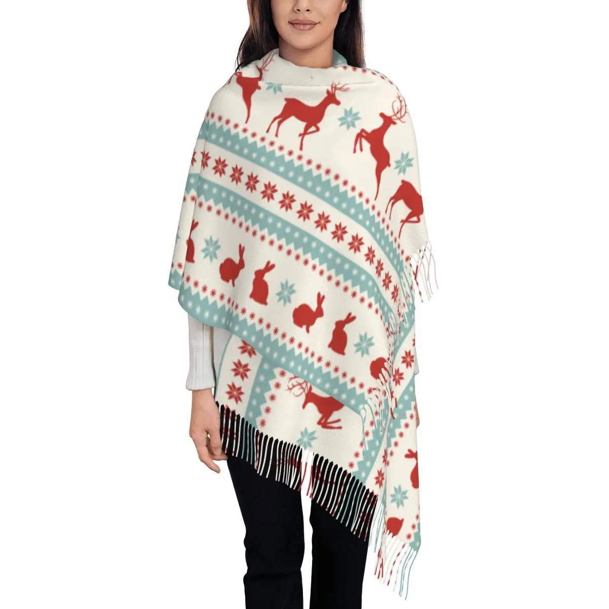 Women's Scarf with Tassel Christmas Deer Bunny Single-sided Pattern Super Soft Shawl Wrap Reindeer Gifts Cashmere Scarf