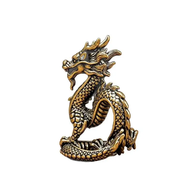 Vintage Small Brass Dragon Figurines Retro Metal Craft Desktop Ornaments for Office Study Shelf Decor Collectible Souvenir