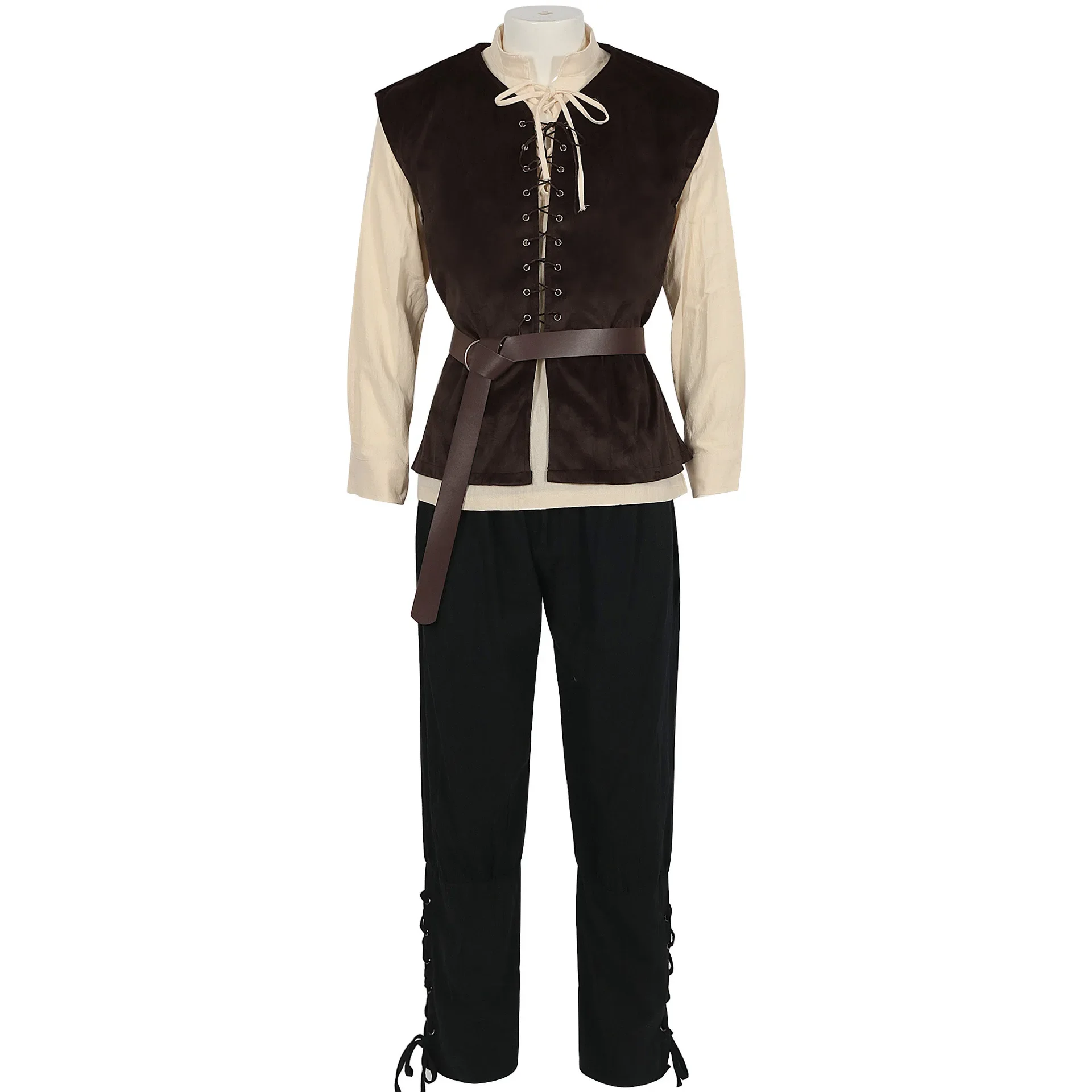 Men's Renaissance Shirt Pirate Medieval Viking Top Cotton Linen Shirts Men Long Sleeved Halloween Costume Pants Vest Have Belt