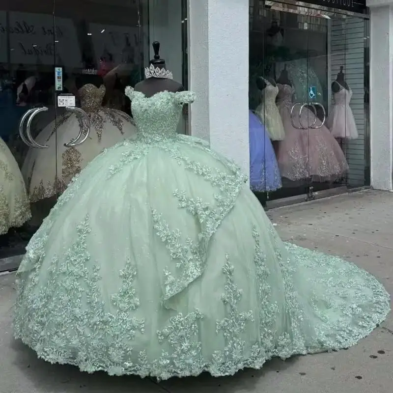 

Customized Glitter Mint Green Quinceanera Dresses Applique Beading Tiered Bow Ball Gown Off The Shoulder Party Birthday