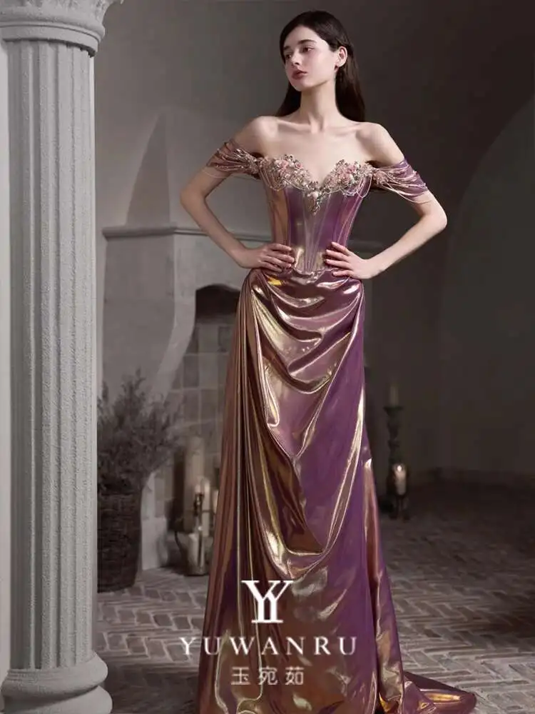 Nieuwe Paarse Avondjurk Geavanceerd Gevoel Licht Luxe Banket Party Worden Verloofd Toast Pak Rok Vrouwelijke Vrouwen Off Schouder