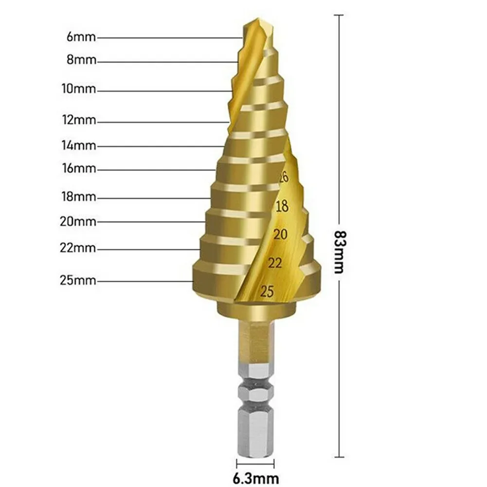 Imagem -04 - Hss Passo Broca Hex Haste Ferramentas de Broca Elétrica Espiral Canelado Passo Cone Broca Buraco Cortador Perfuração Plástico Metal Madeira 625 mm