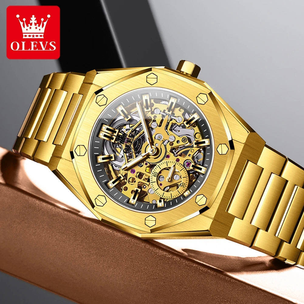 Olevs Top Luxury Automatic Mechanical Watch Business Stainless Steel Waterproof Luminous Watch Fashion Skeleton Design Men Watch