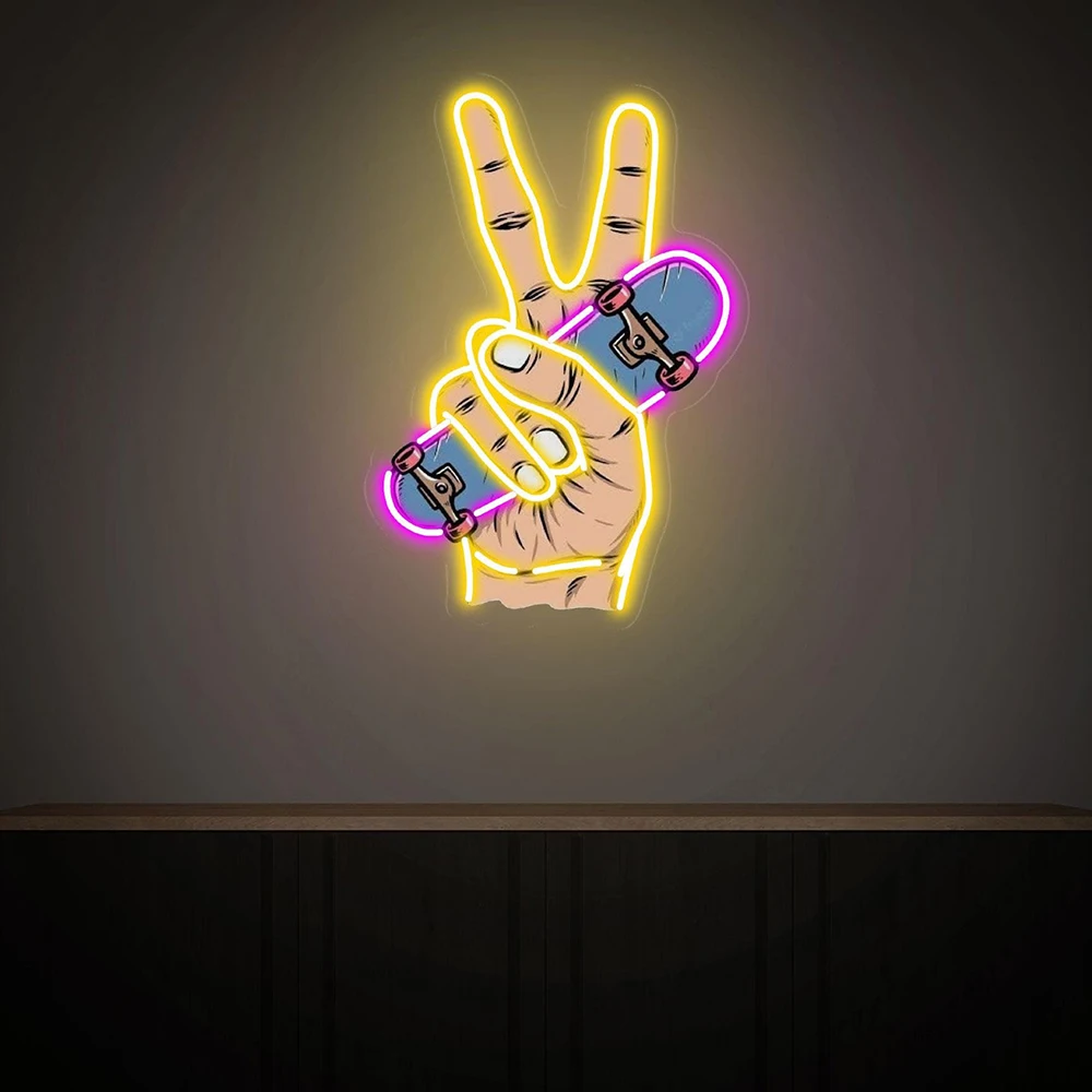 Yeah Hand Gesture Neon Signs Hand with Skateboard Neon Light Kids Room Sport Decor Custom Neon Sign Gifts for Skateboard Lovers