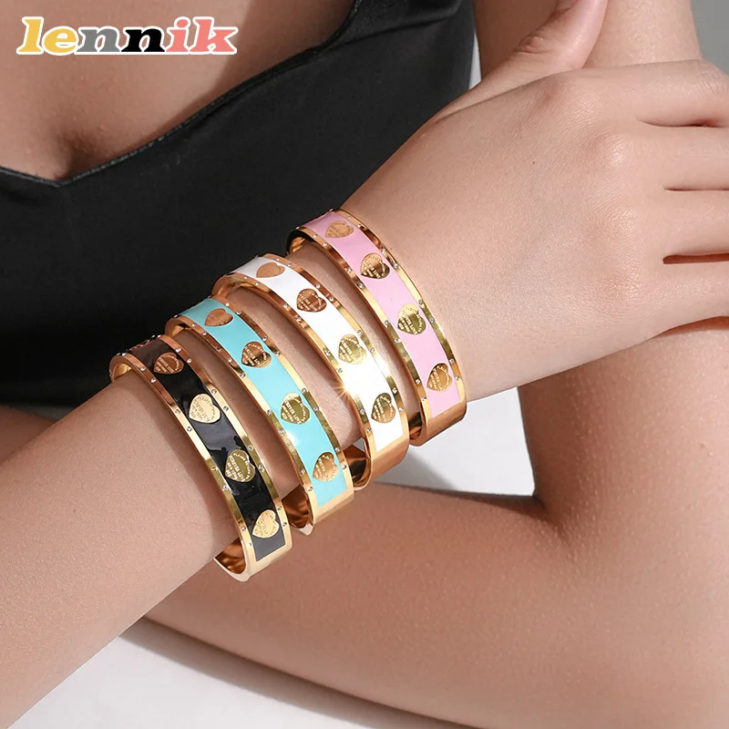 LENNIK Herzform Rosa Weiß Schwarz Öl Tropf Armband, Vielseitiger Liebesherz Doppelseitiger Zirkon Armreif für Damen, Tolles Geschenk