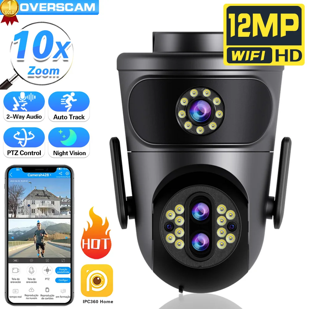 New 12MP 6K Outdoor Wifi Security Camera 10X Zoom Surveillance IP 3 Lens Dual Screen Cameras Auto Tracking CCTV Cam IPC360 Home