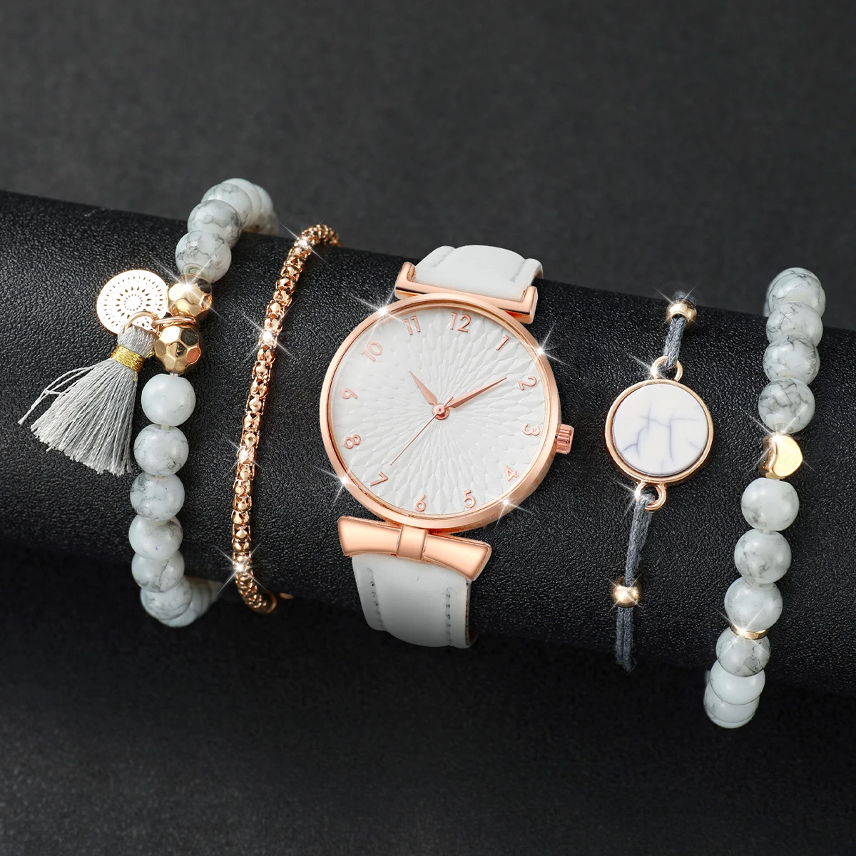 5PCS/Set Women\'s Watch Fashion Arabic Dial Quartz Watches Leather Band Wristwatches Beads Bracelets Set（Without Box）