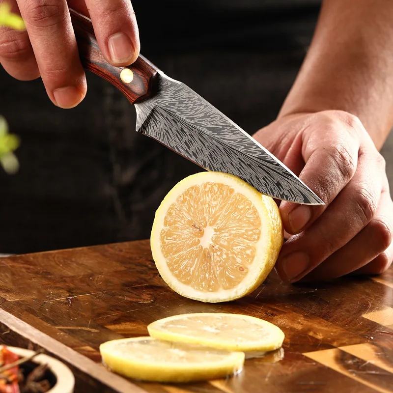 7.9-inch Damascus Pattern Kitchen Sliced Knife EDC Portable Camping Pocket knife Professional Chef Knife of Wooden Handle