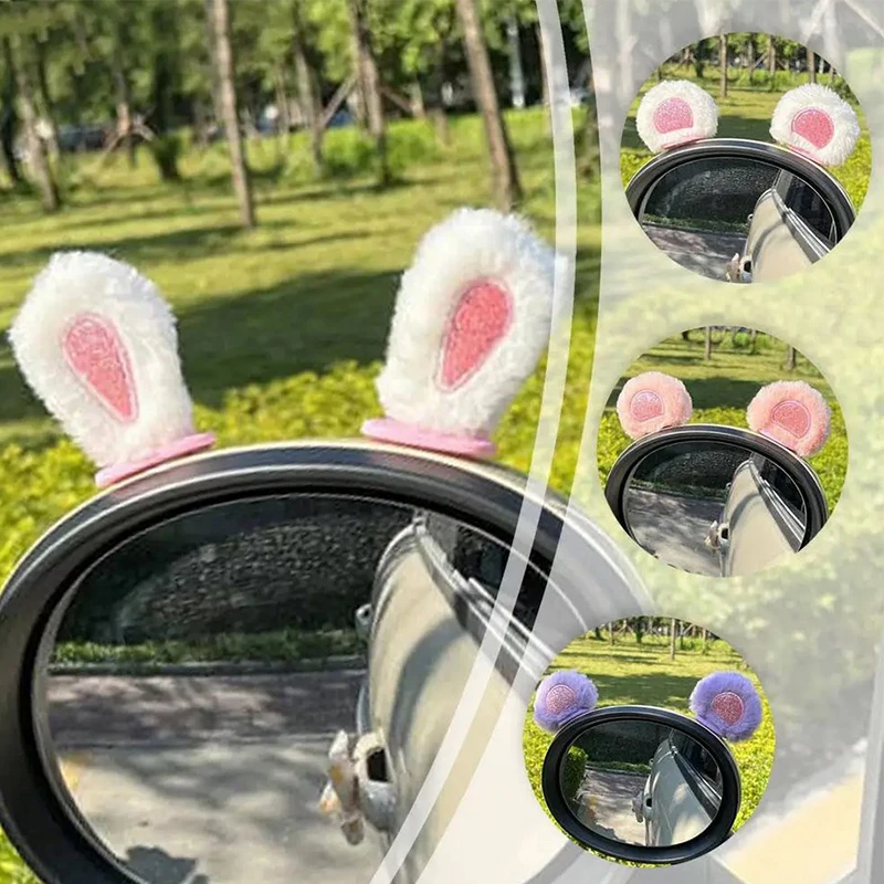 Lovely Rabbit Ear 3D Stickers Crash Strip Car Rearview Mirror Interior Decoration Plush Rearview Kawaii Sticker Decor