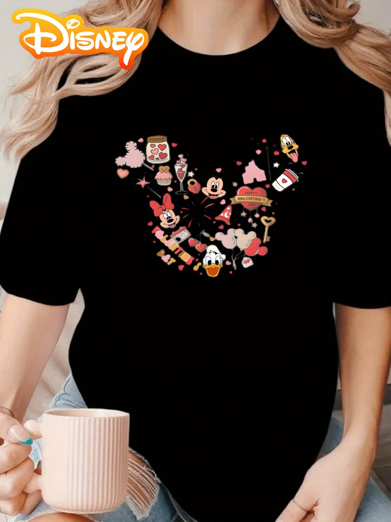 

Disney Valentine's Day Mickey and Friends Girl T-shirt - Soft Breathable Fabric, Loose Casual Summer Top