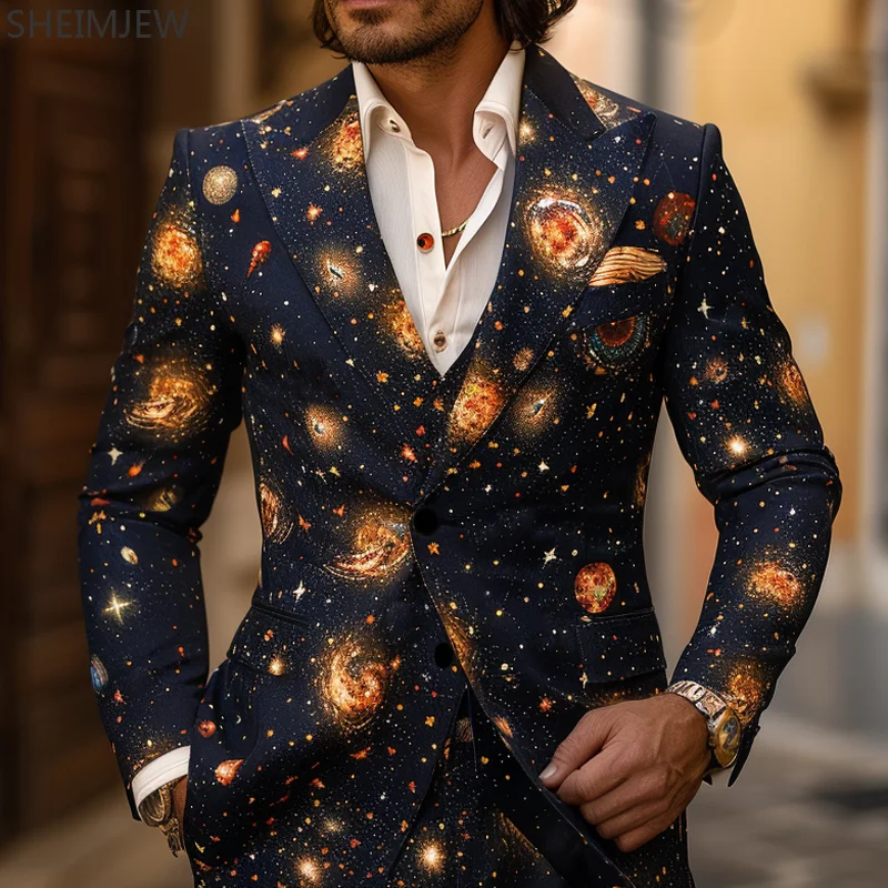 Colorful Printed Suit British Fashion Graffiti Casual Men\'s Jacket Pants Fashion Casual Men\'s Suits Party Bar Stage Showing Sets