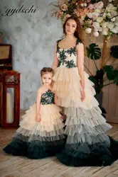 Customized Champagne Mother and Daughter Dresses Appliques Tiered Ball Gown Spaghetti Straps Backless Party Gown Evening Dresses