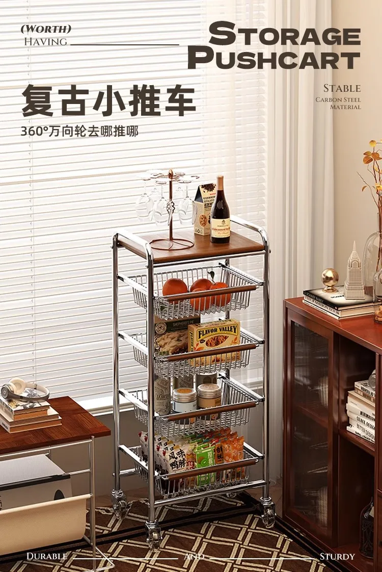 Medieval trolley living room mobile snack storage rack home retro kitchen vegetable wall shelf floor-standing