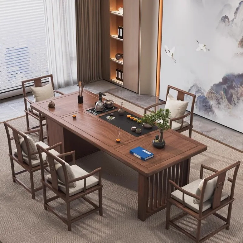 Log solid wood large board tea table and chair combination Kung Fu tea table modern complete set of tea table