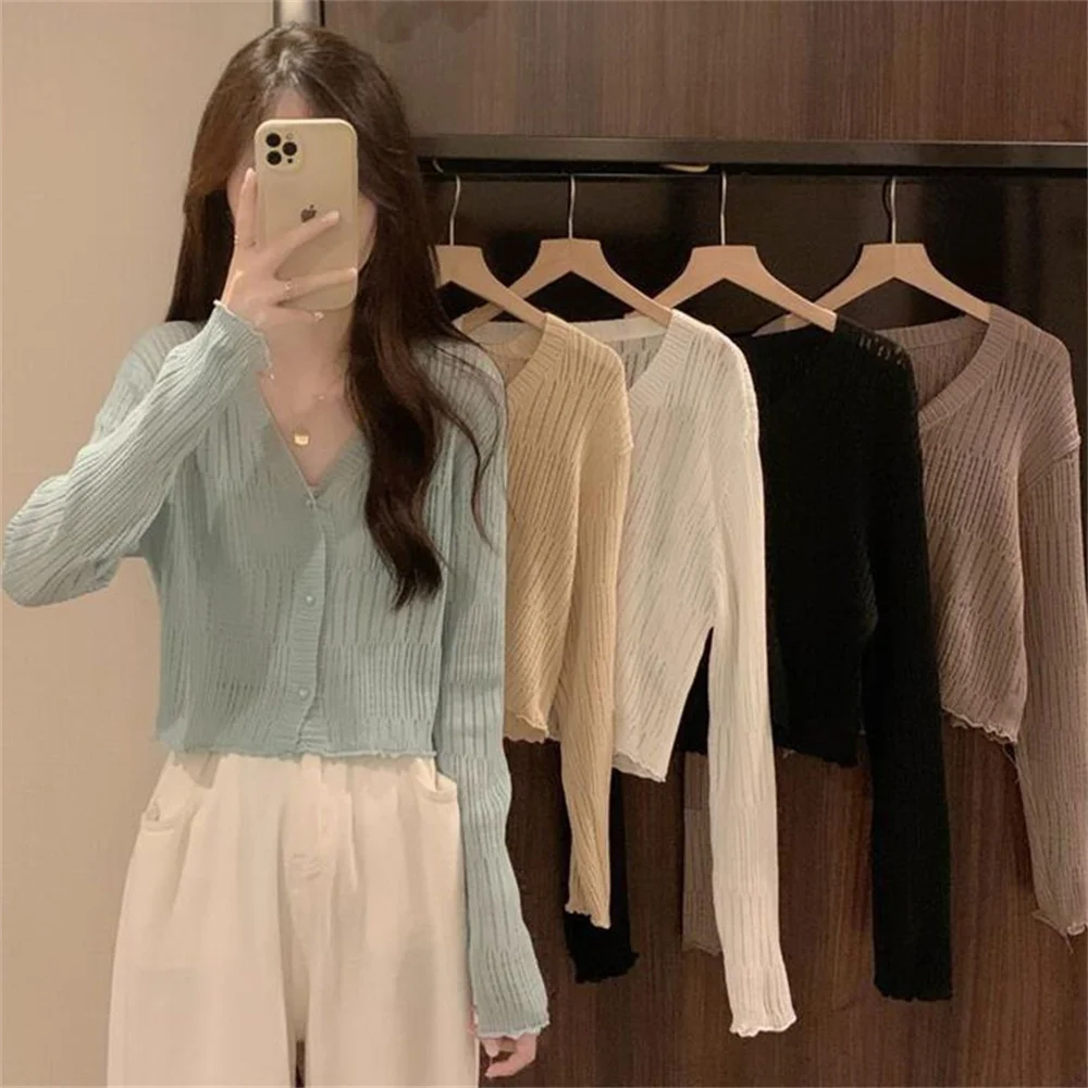 

Women's Cardigan Thin Knitted Long Sleeve Sun-proof All-match Retro Vintage Casual Fashion V Neck Solid Color 2024 Spring