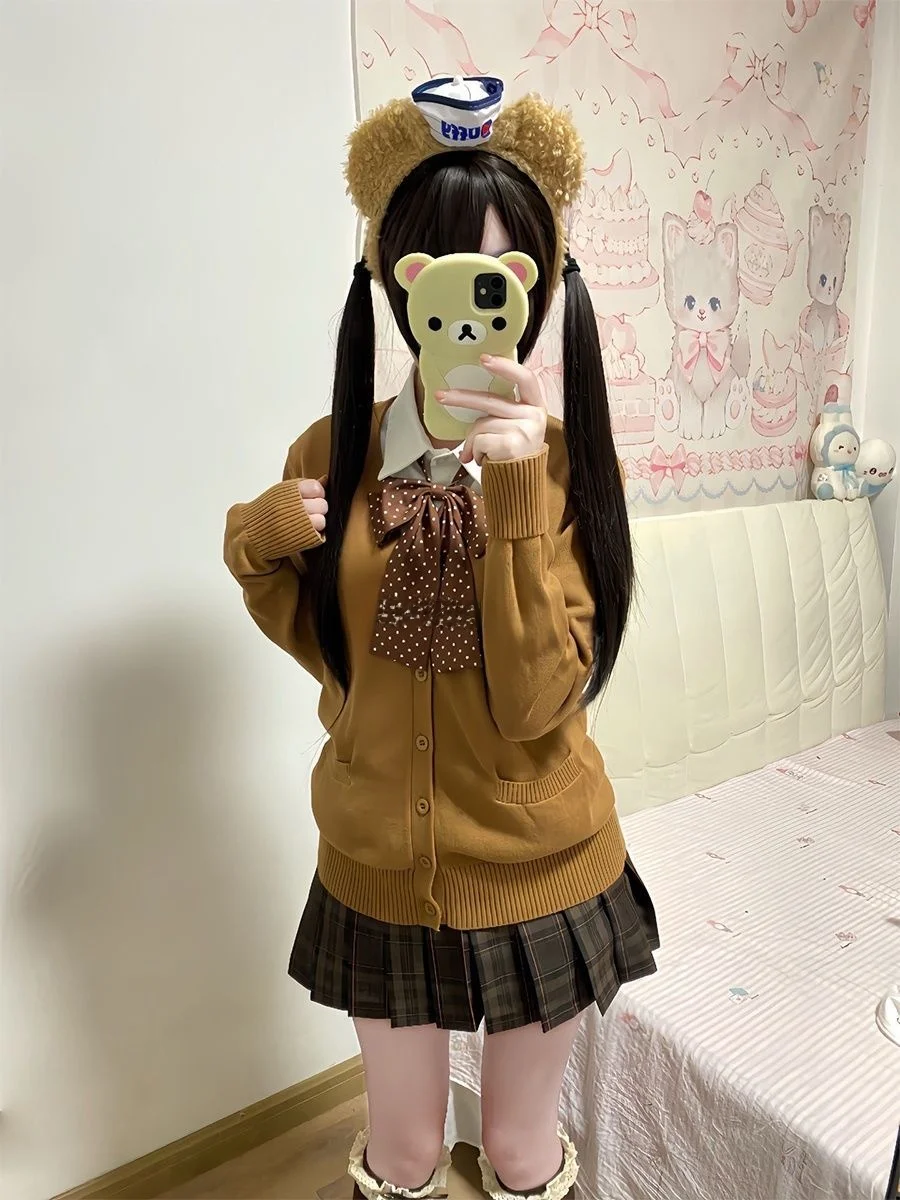 

Комплект из кардигана и юбки Original Caramel Croissant JK Autumn Winter Brown, вязаный, длинный, для школы, повседневный, верхняя одежда