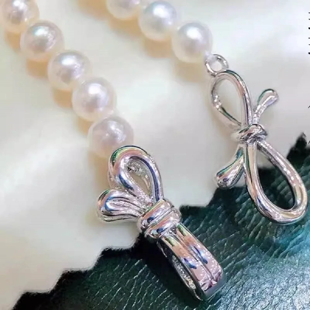 S925 sterling silver smooth bow button AAAA 8-9mm natural pearl necklace 18 in